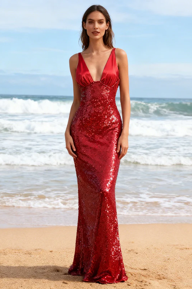 Sequined Sweep Train Maxi Dress