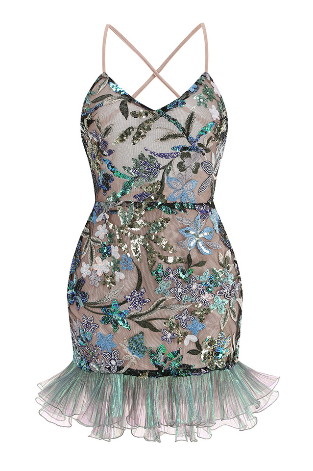 Slip Sequin-Embellished Ruffled Dress