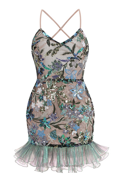 Slip Sequin-Embellished Ruffled Dress