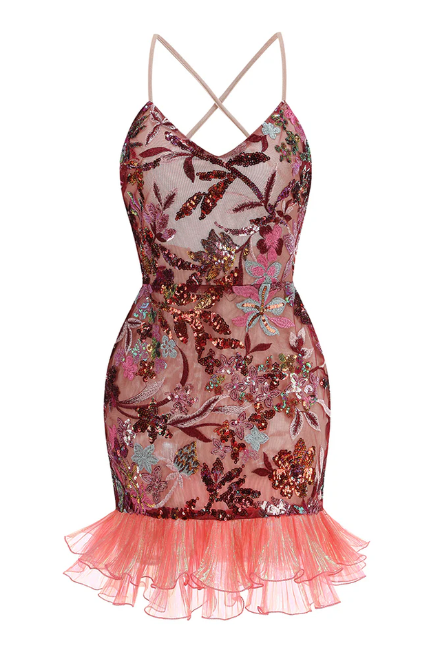Slip Sequin-Embellished Ruffled Dress