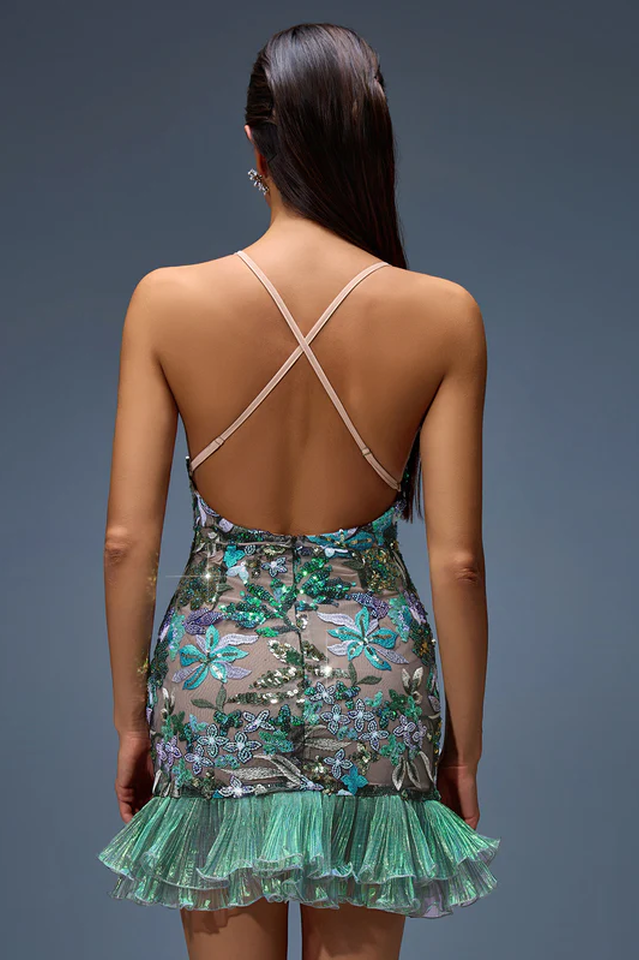 Slip Sequin-Embellished Ruffled Dress