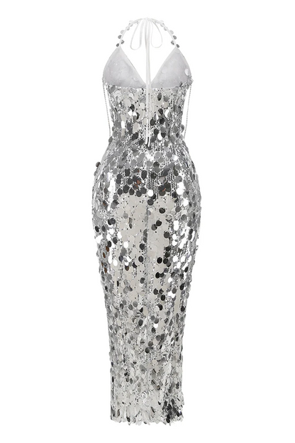 Halter Sequin Embellished Midi Dress