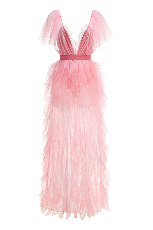 Balthion Lace Mesh Ruffle Maxi Dress