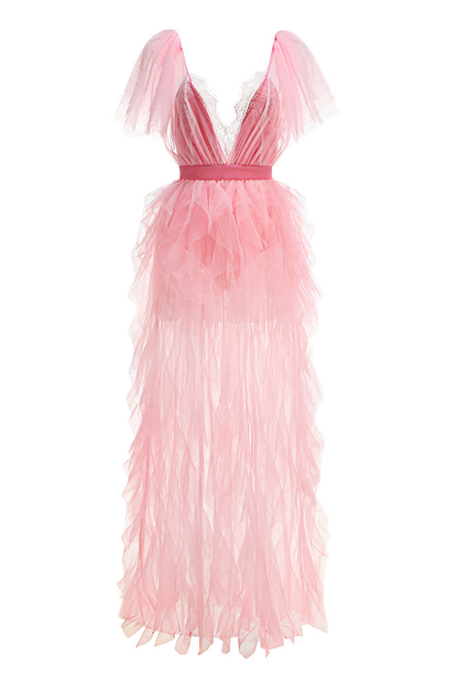 Balthion Lace Mesh Ruffle Maxi Dress