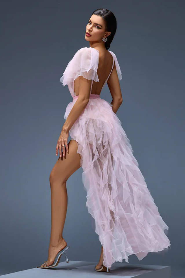 Balthion Lace Mesh Ruffle Maxi Dress