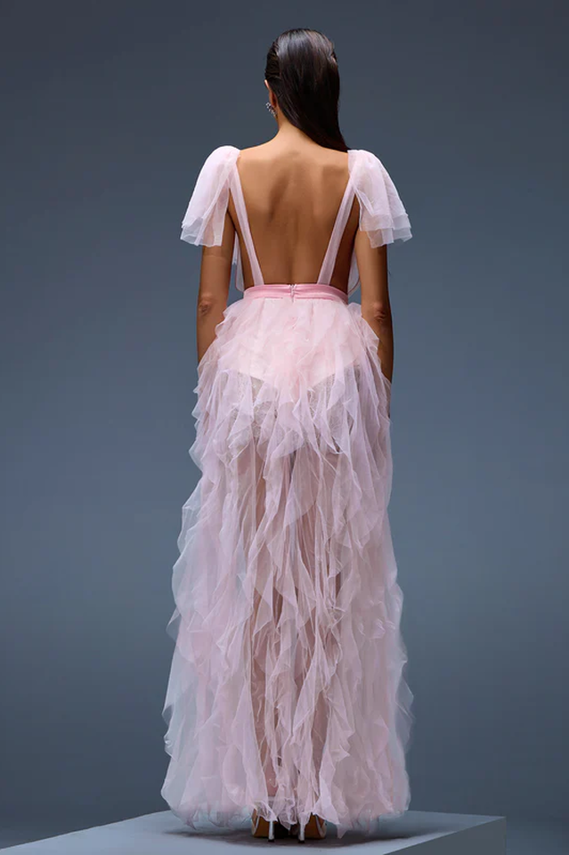 Balthion Lace Mesh Ruffle Maxi Dress