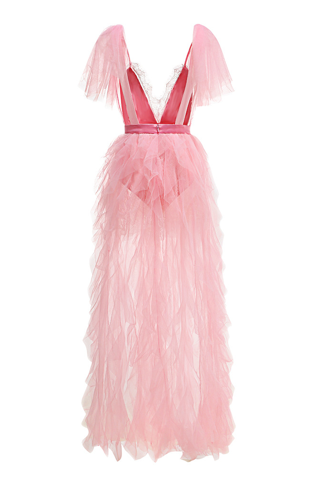Balthion Lace Mesh Ruffle Maxi Dress