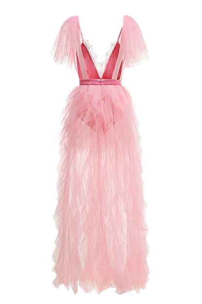 Balthion Lace Mesh Ruffle Maxi Dress
