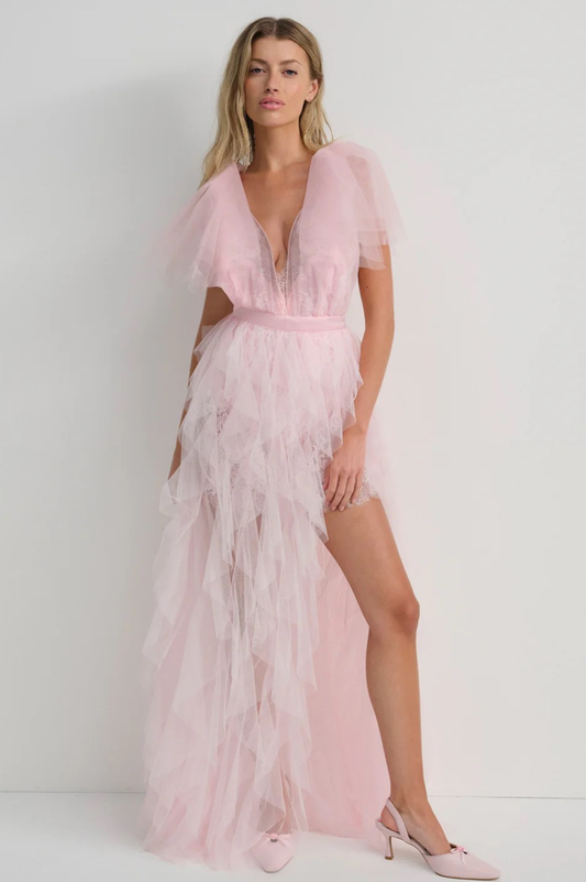Balthion Lace Mesh Ruffle Maxi Dress