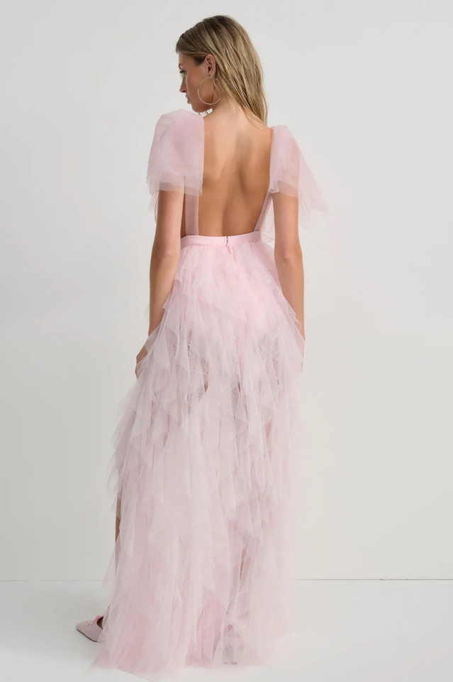 Balthion Lace Mesh Ruffle Maxi Dress