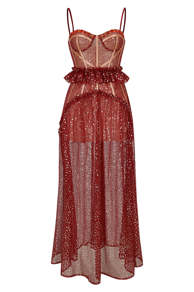 Strappy Sequin Beaded Mesh A-line Dress