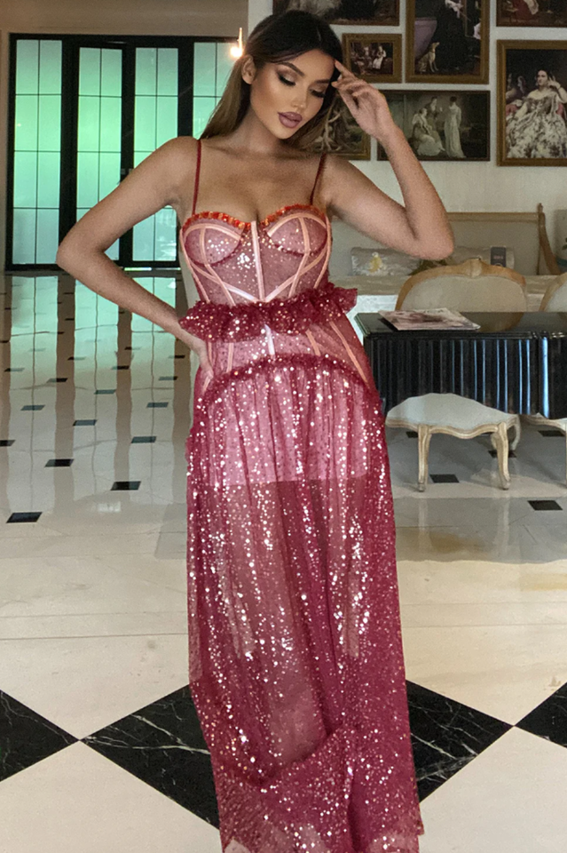 Strappy Sequin Beaded Mesh A-line Dress