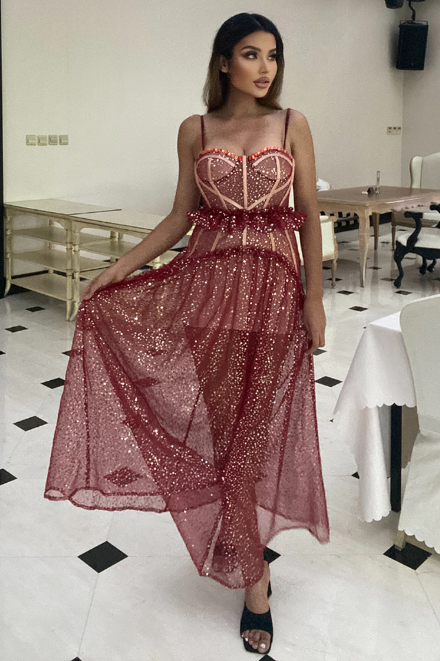 Strappy Sequin Beaded Mesh A-line Dress