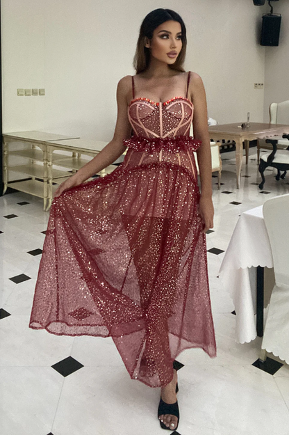 Strappy Sequin Beaded Mesh A-line Dress
