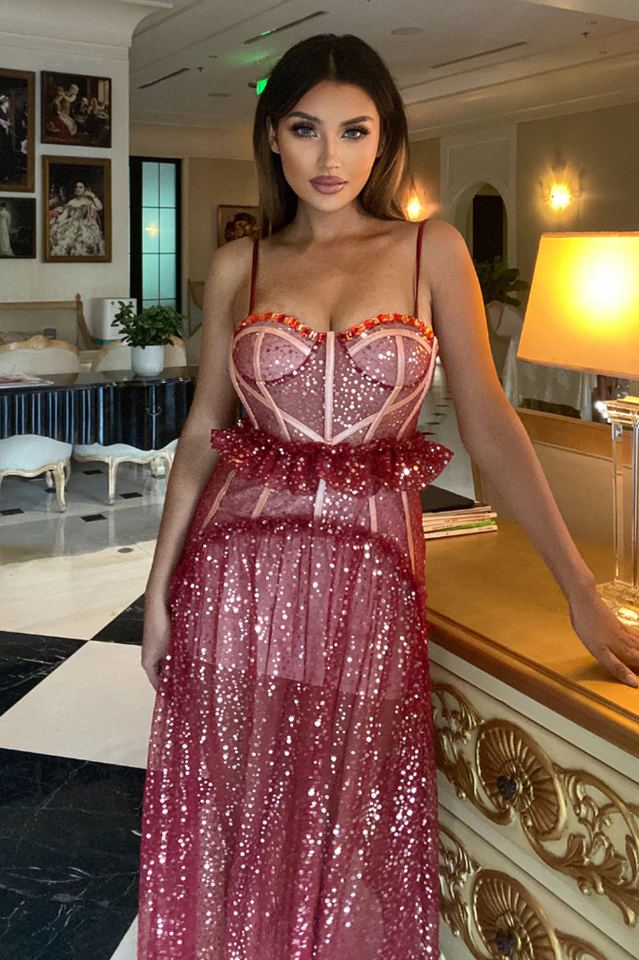 Strappy Sequin Beaded Mesh A-line Dress