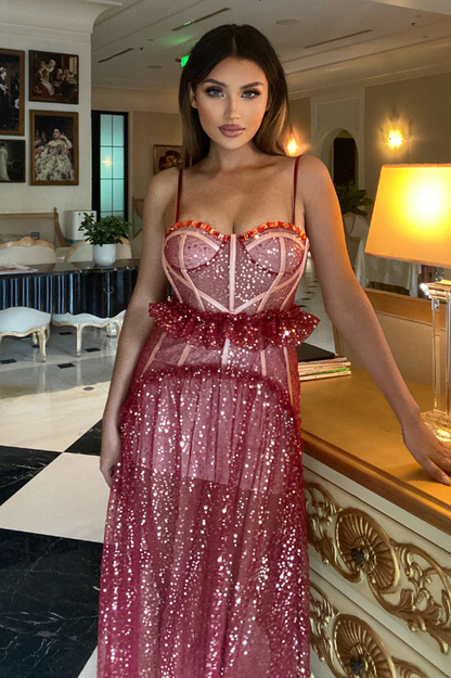 Strappy Sequin Beaded Mesh A-line Dress