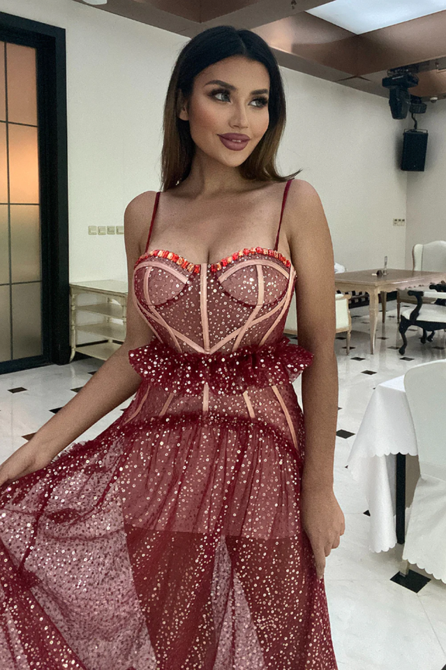 Strappy Sequin Beaded Mesh A-line Dress