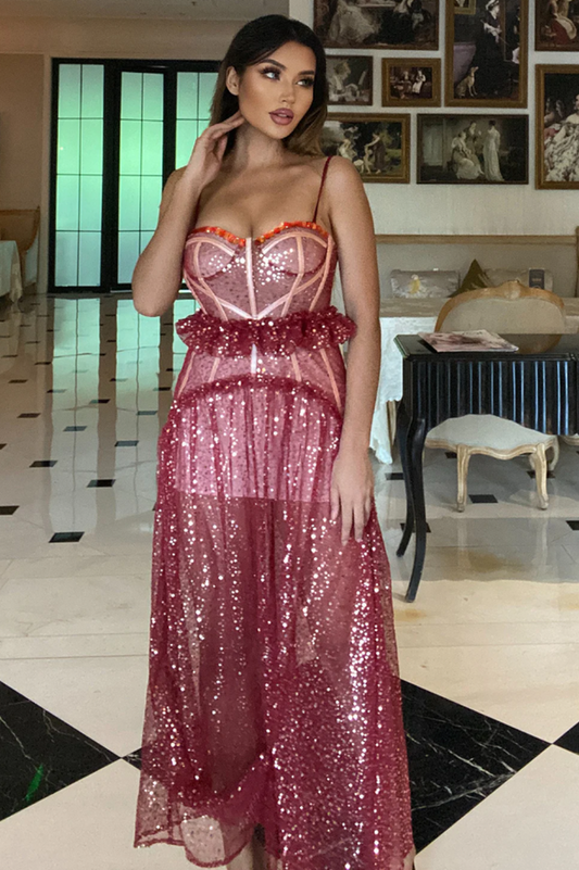 Strappy Sequin Beaded Mesh A-line Dress