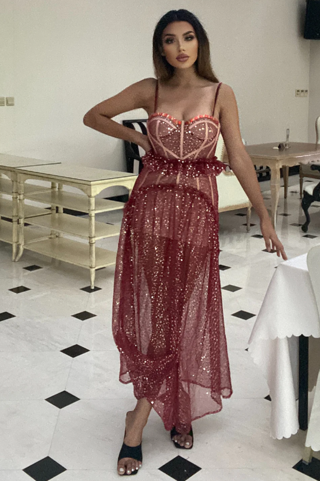 Strappy Sequin Beaded Mesh A-line Dress
