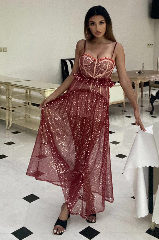 Strappy Sequin Beaded Mesh A-line Dress