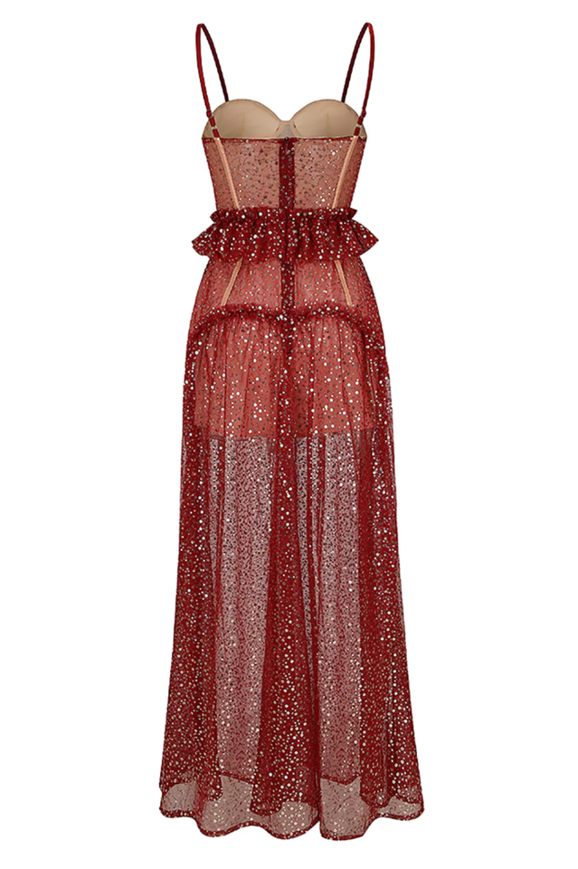 Strappy Sequin Beaded Mesh A-line Dress