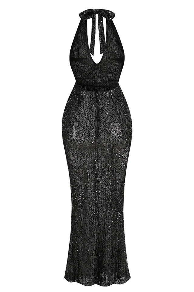 Halter Plunging Sequin Maxi Dress