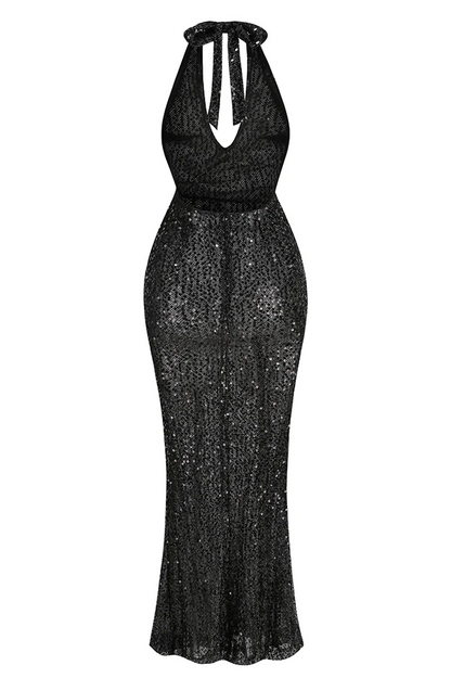 Halter Plunging Sequin Maxi Dress