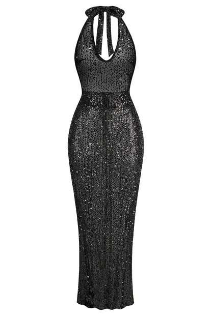 Halter Plunging Sequin Maxi Dress