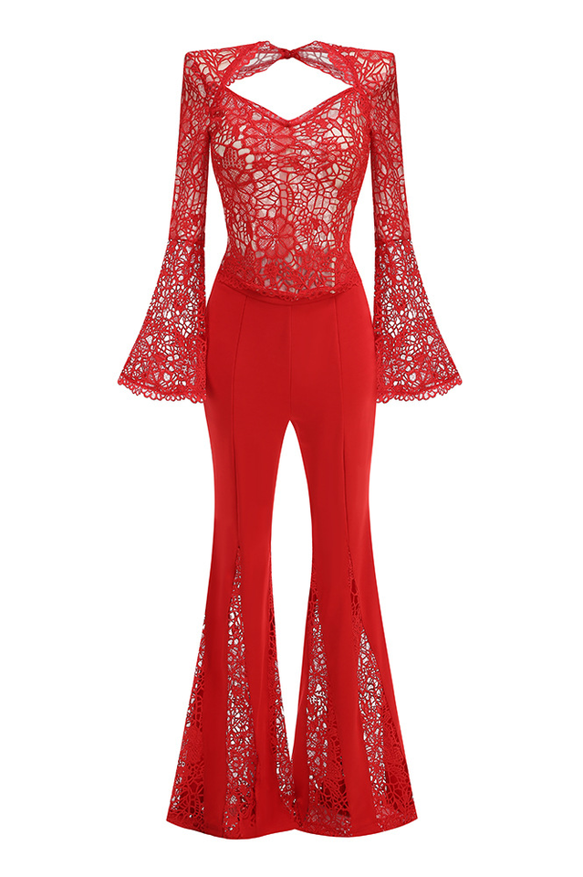 Maroon Lace Flare Jumpsuit