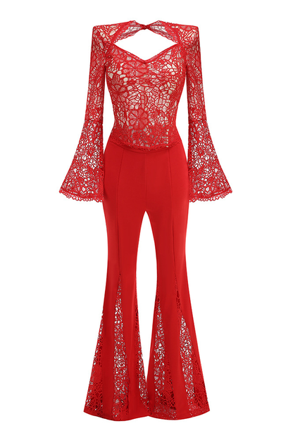 Maroon Lace Flare Jumpsuit