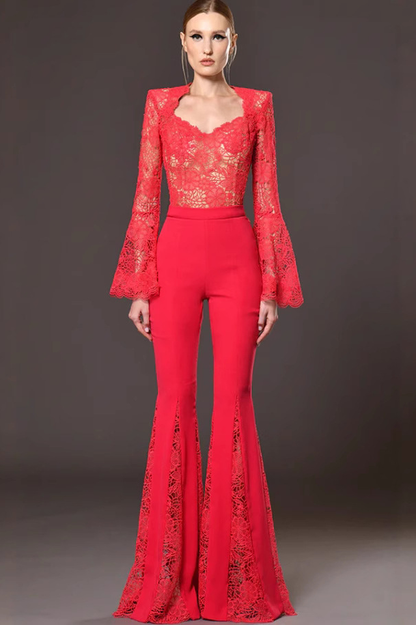 Maroon Lace Flare Jumpsuit