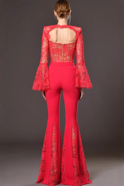 Maroon Lace Flare Jumpsuit