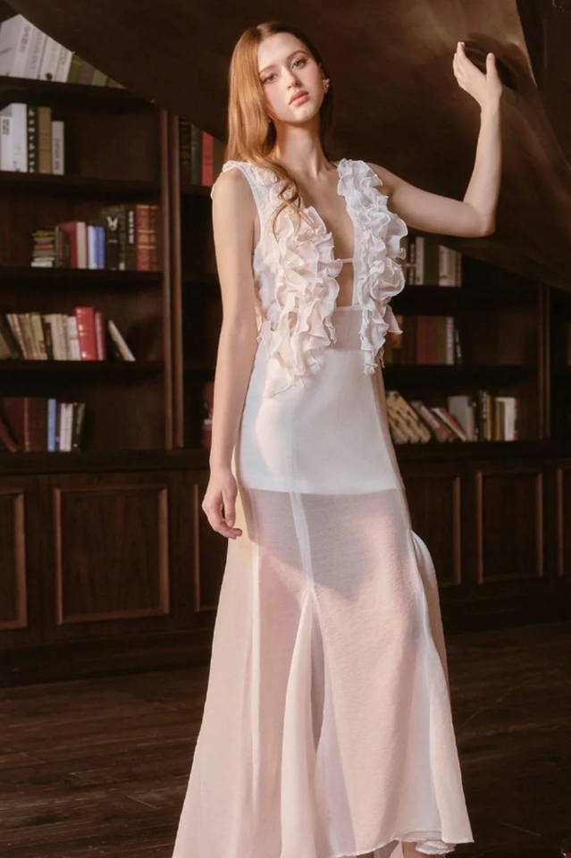 Dolomir Plunge Neck Ruffle Midi Dress