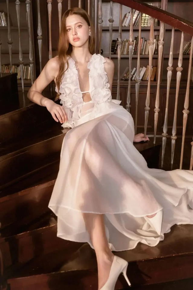 Dolomir Plunge Neck Ruffle Midi Dress