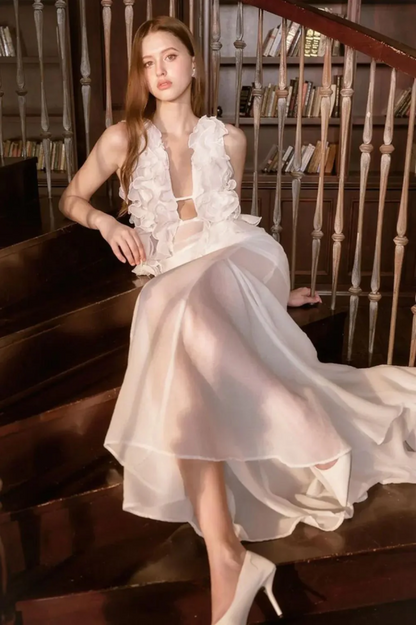 Dolomir Plunge Neck Ruffle Midi Dress
