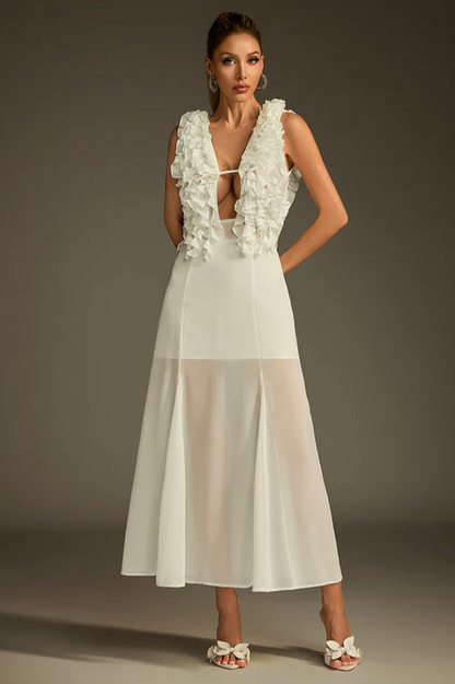 Dolomir Plunge Neck Ruffle Midi Dress