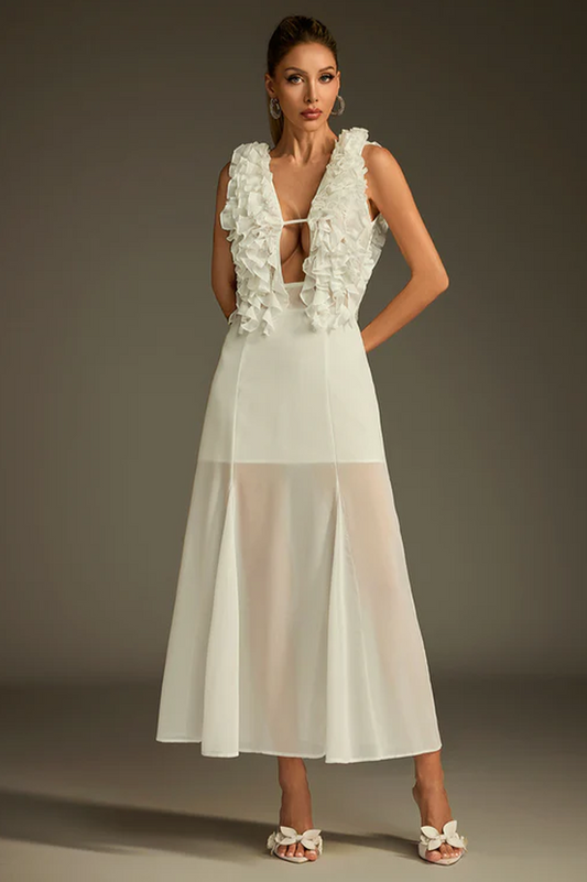 Dolomir Plunge Neck Ruffle Midi Dress