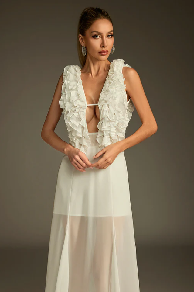 Dolomir Plunge Neck Ruffle Midi Dress