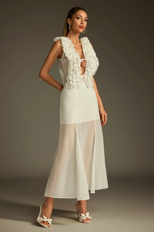 Dolomir Plunge Neck Ruffle Midi Dress