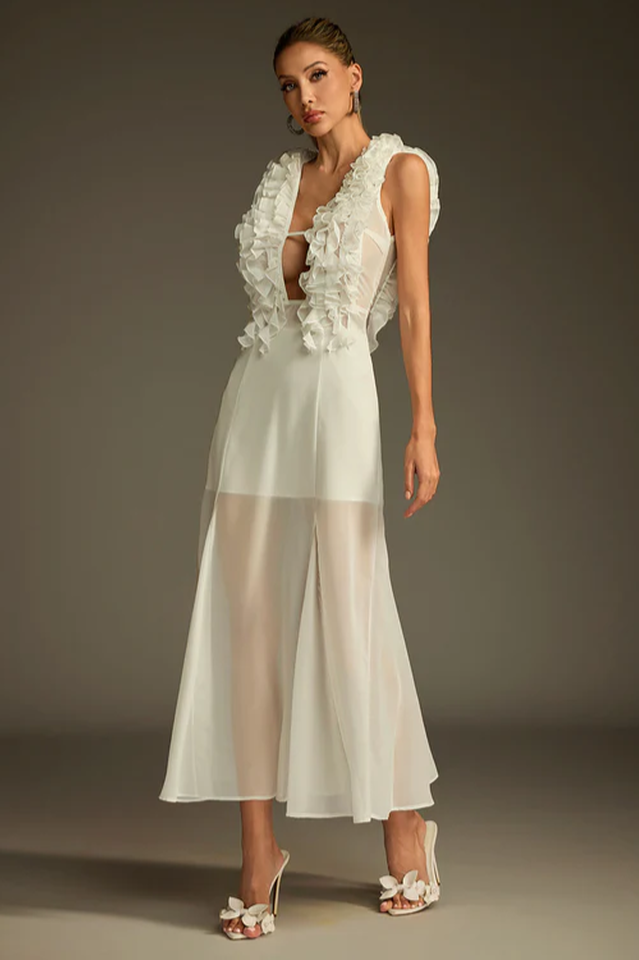 Dolomir Plunge Neck Ruffle Midi Dress