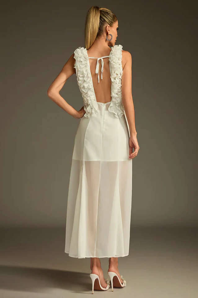 Dolomir Plunge Neck Ruffle Midi Dress