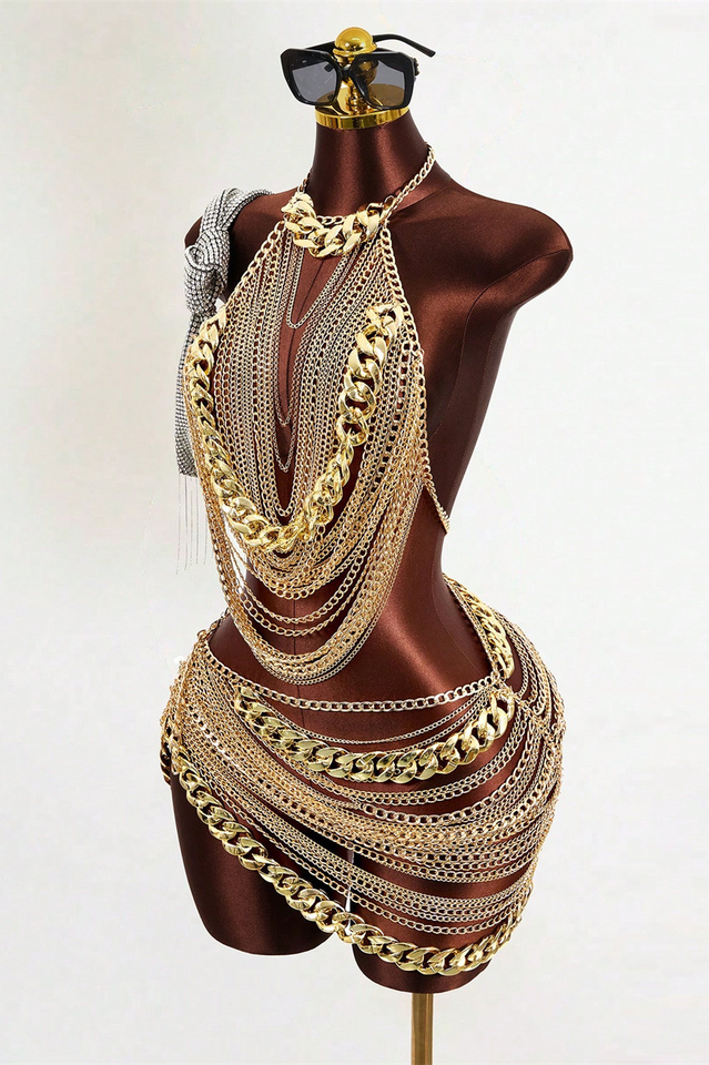See-Through Chain Rhinestone 2-Piece Set
