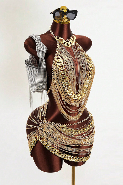 See-Through Chain Rhinestone 2-Piece Set