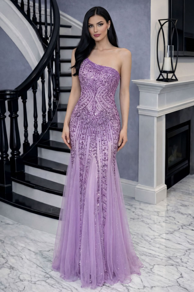 One Shoulder Split Thigh Sequin Dress