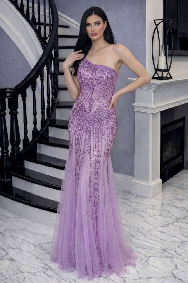 One Shoulder Split Thigh Sequin Dress
