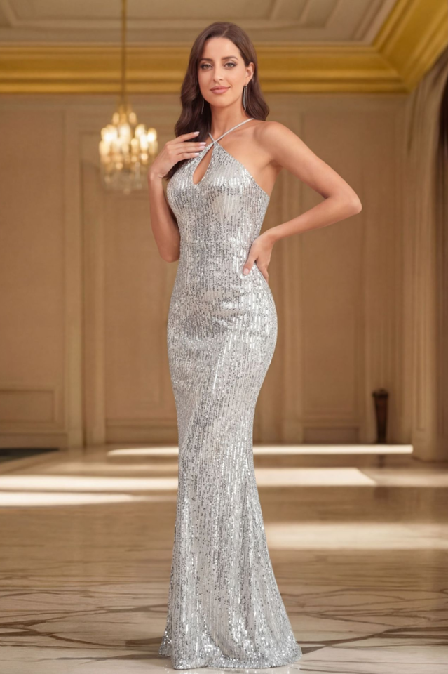 Embellished Cut-Out Halterneck Gown