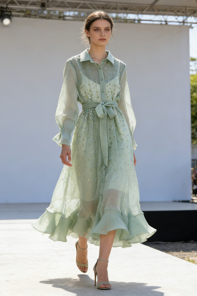 Sequin Floral Embroidery Chiffon Dress