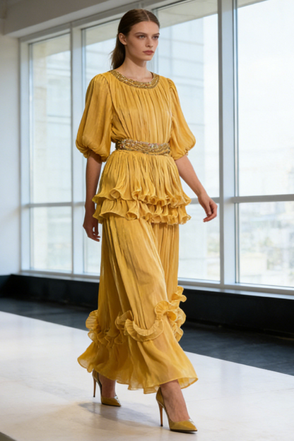 Shiny Lantern Sleeve Tiered Maxi Dress