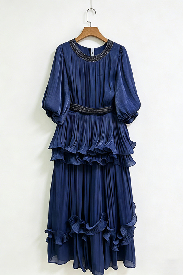 Shiny Lantern Sleeve Tiered Maxi Dress