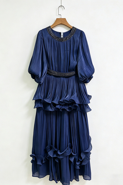 Shiny Lantern Sleeve Tiered Maxi Dress